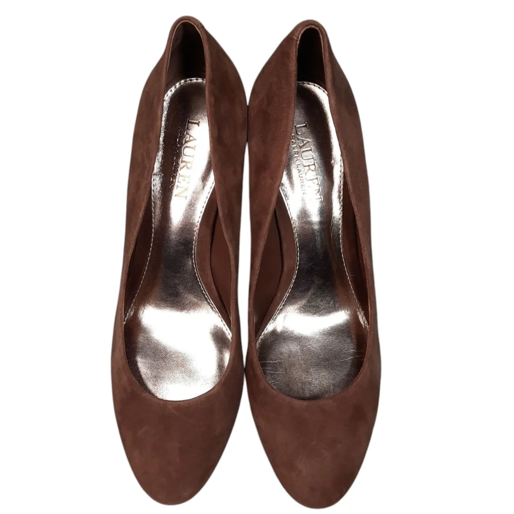 Lauren Ralph Lauren Hala Block Heel Pump Brown Suede SZ 8.5B